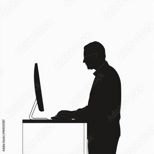 Silhouette of a man working on desktop computer photo