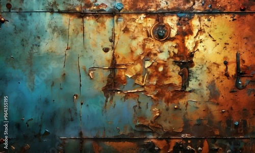 a close-up view of a weathered metal surface with a textured, rusty appearance. The surface is covered in a variety of colors, including blue, orange, and brown, creating a