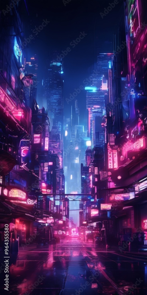 a futuristic cityscape at night, with towering skyscrapers and neon signs illuminating the scene. The perspective is from a low angle, looking up towards the city's skyline, a futuristic cityscape at night, with towering skyscrapers and neon signs illuminating the scene. The perspective is from a low angle, looking up towards the city's skyline,