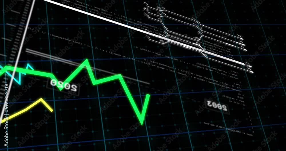Animation of financial data processing on grid over dark background Animation of financial data processing on grid over dark background