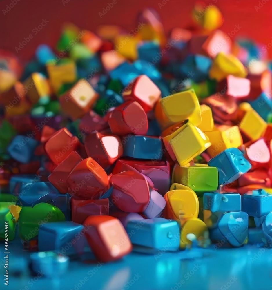 A vibrant pile of multicolored plastic blocks, varying in size and shape, creates a playful and dynamic visual composition against a red and blue gradient background. A vibrant pile of multicolored plastic blocks, varying in size and shape, creates a playful and dynamic visual composition against a red and blue gradient background.
