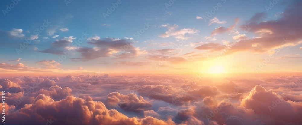 a breathtaking aerial view of a sunset over a vast expanse of clouds, with the sun's rays peeking through the clouds and casting a warm glow across the sky. a breathtaking aerial view of a sunset over a vast expanse of clouds, with the sun's rays peeking through the clouds and casting a warm glow across the sky.