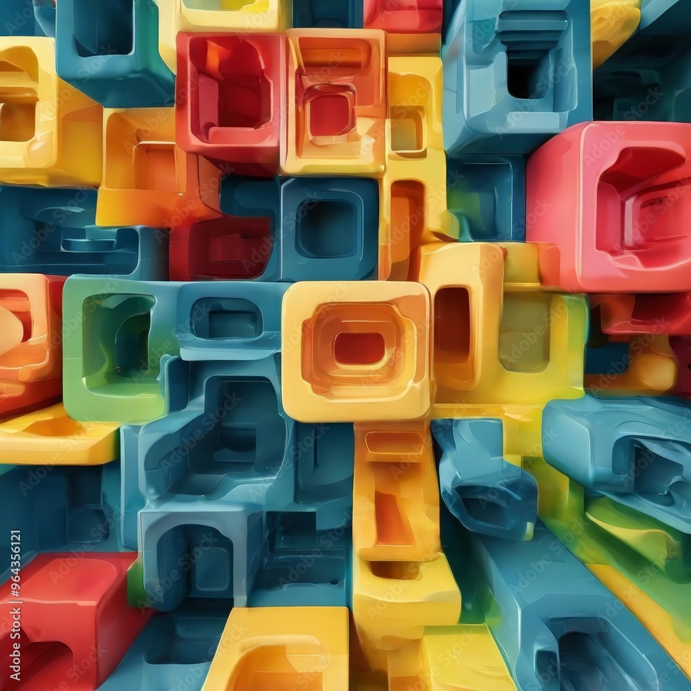 Naklejka premium a vibrant and abstract representation of a 3D cube structure, composed of various colors including red, yellow, blue, and green. The cubes are arranged in a complex manner,