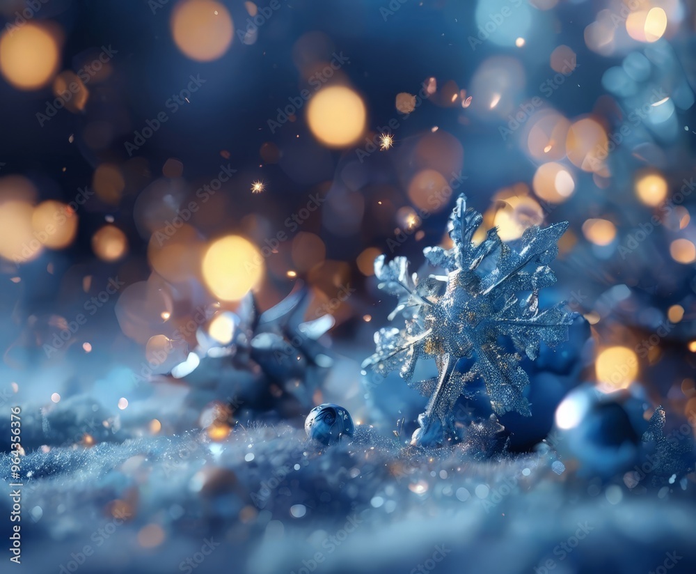 A close-up view of a snowflake ornament, with a blurred background of twinkling lights and snowflakes, creating a wintery and magical atmosphere. A close-up view of a snowflake ornament, with a blurred background of twinkling lights and snowflakes, creating a wintery and magical atmosphere.