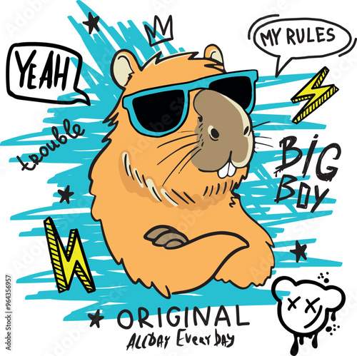  typography boys print with cool capybara in glasses