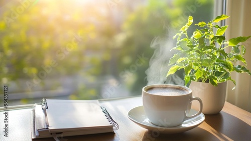 A steaming cup of coffee with a planner on the table Monday morning