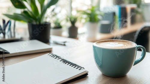 A steaming cup of coffee with a planner on the table Monday morning