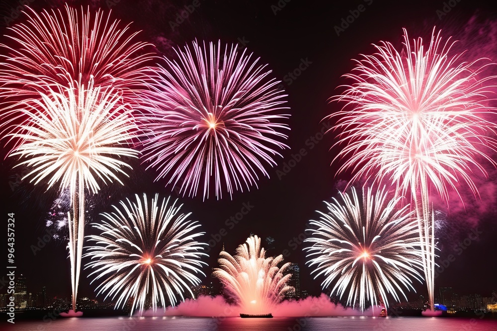 Fototapeta premium Ruby and Shimmering White Fireworks Bursting with Vivid Hues for New Year�s Celebration