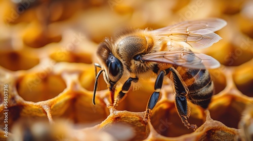 A bee is on a honeycomb