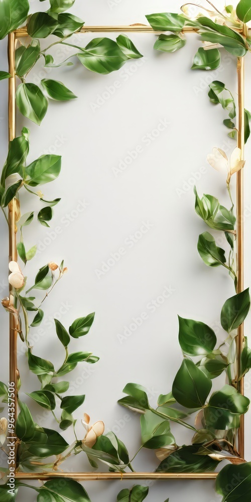 A gold-framed border surrounds a white background, with lush green leaves and delicate white flowers framing the space. A gold-framed border surrounds a white background, with lush green leaves and delicate white flowers framing the space.