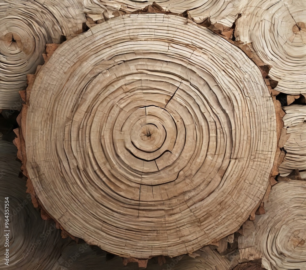 Fototapeta premium A close-up view of a cross-section of a tree trunk, revealing the concentric rings of the wood and the growth rings of the tree.