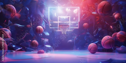 a basketball court with a basketball hoop at the center, surrounded by a multitude of basketballs in various states of motion, creating a dynamic and energetic atmosphere.