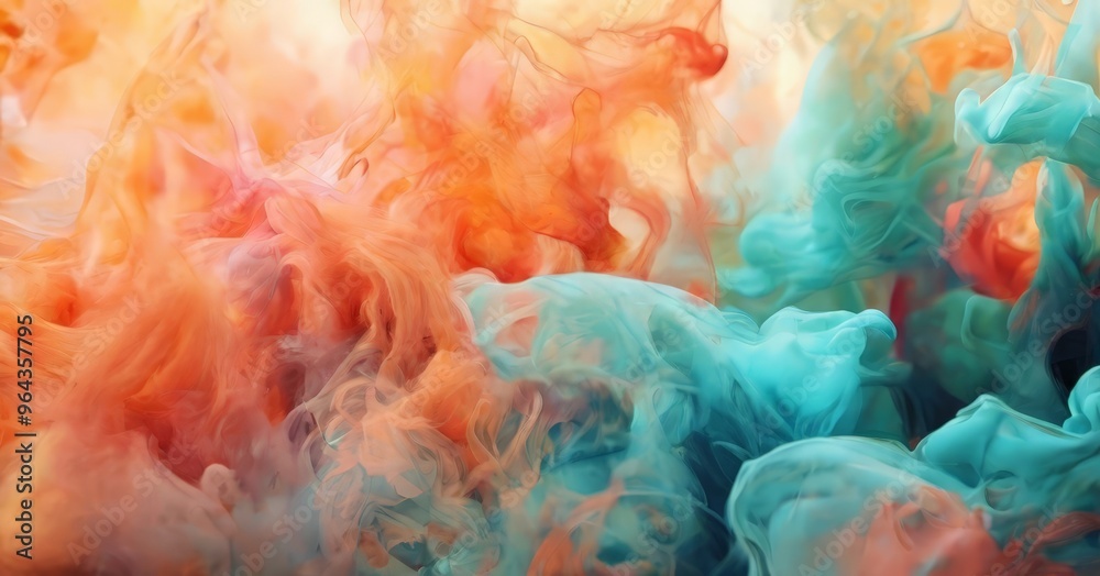 Obraz premium a close-up view of a swirling, abstract pattern of orange and blue ink or paint, creating a dynamic and vibrant visual effect.