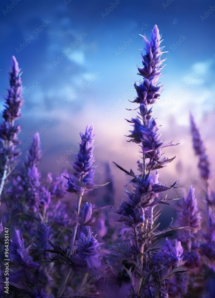 A close-up view of lavender flowers in full bloom, with a soft, hazy blue sky in the background. A close-up view of lavender flowers in full bloom, with a soft, hazy blue sky in the background.