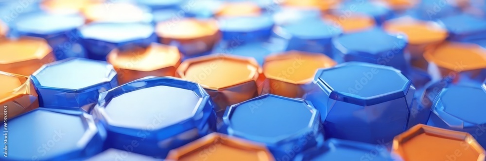 A close-up view of a collection of hexagonal objects, with a gradient of blue and orange colors. A close-up view of a collection of hexagonal objects, with a gradient of blue and orange colors.