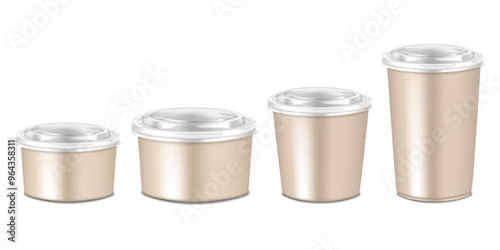 Craft paper bowl and cup with clear plastic lid set. 3d mockup. Disposable kraft paperboard takeaway food round container kit. Realistic vector mock-up. Template for design
