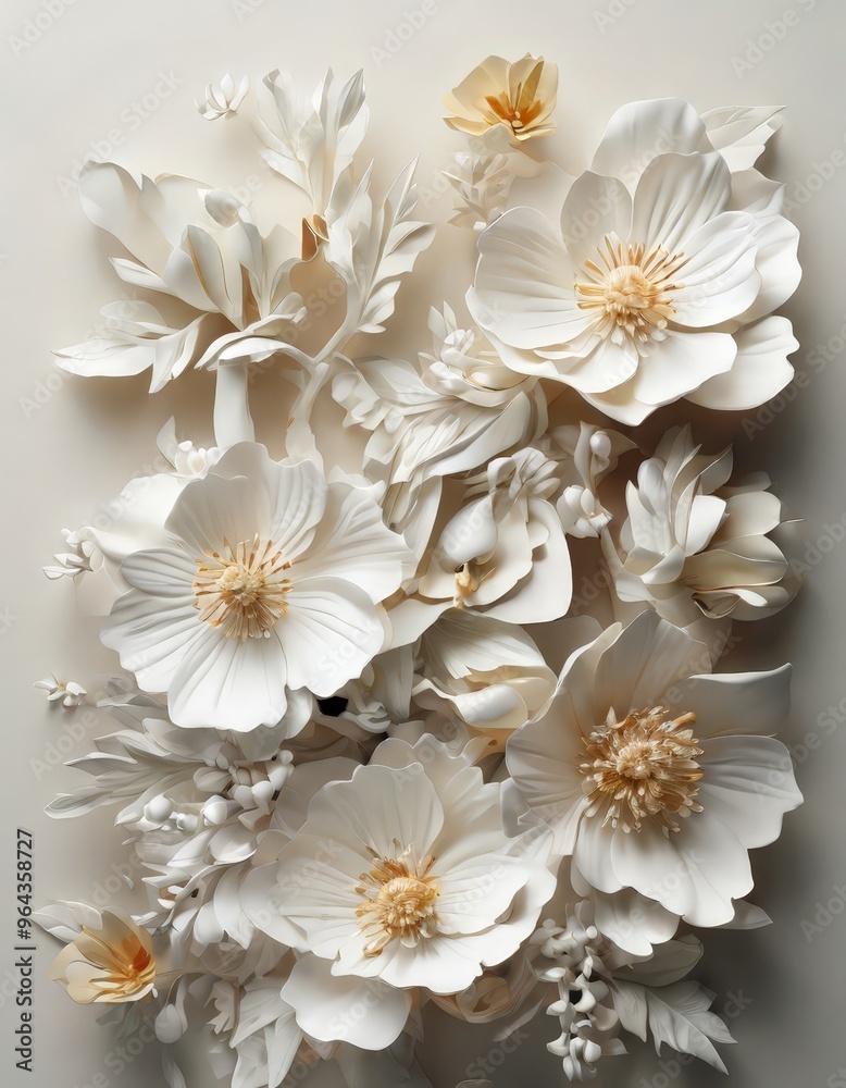 A bouquet of white paper flowers with yellow centers, arranged in a vertical column against a light background. A bouquet of white paper flowers with yellow centers, arranged in a vertical column against a light background.