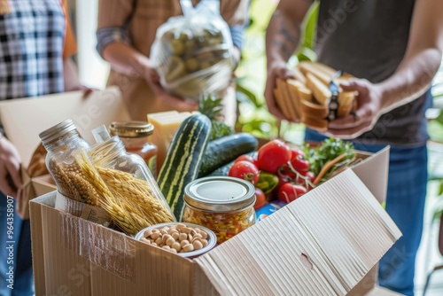 People preparing box with food for donation photo