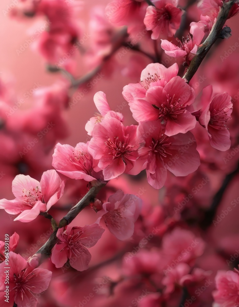 A close-up view of a branch with pink flowers, with a blurred background that appears to be a pinkish-red color. A close-up view of a branch with pink flowers, with a blurred background that appears to be a pinkish-red color.