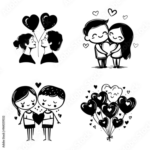Heartfelt Affection Adorable Hand-Drawn Illustrations of Couples and Love Balloons Conveying Deep Connection
