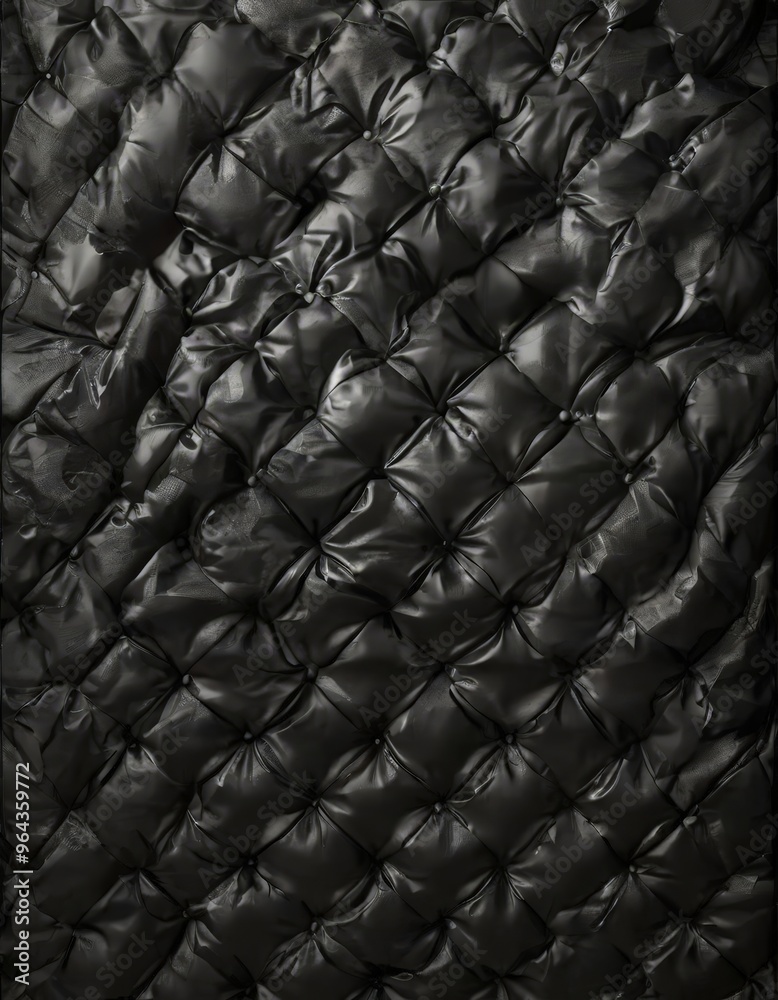 Fototapeta premium a close-up view of a black, quilted leather surface. The pattern consists of a repeating diamond-shaped motif, with the leather appearing to be of a high quality and