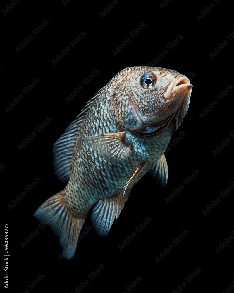 Fototapeta premium the Mozambique Tilapia , portrait view, white copy space on right, Isolated on black Background