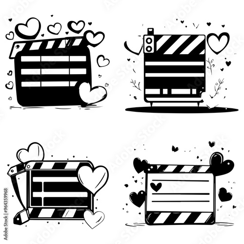Set of four cute clapperboards adorned with hearts, a celebration of cinema and love in monochrome style.