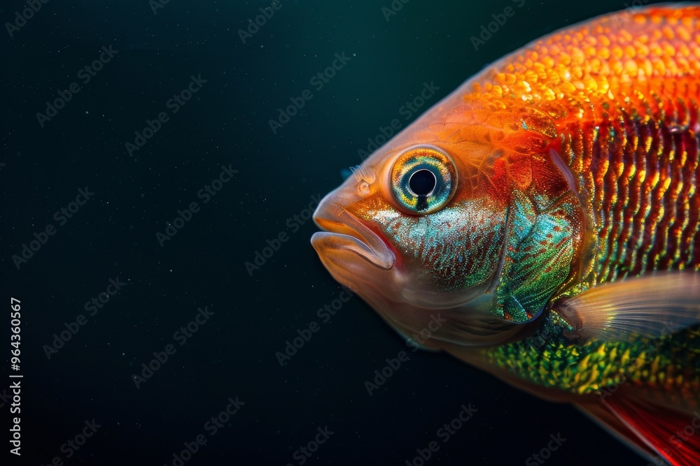 Naklejka premium Mystic portrait of Gourami in studio, copy space on right side, Anger, Menacing, Headshot, Close-up View, isolated on black background