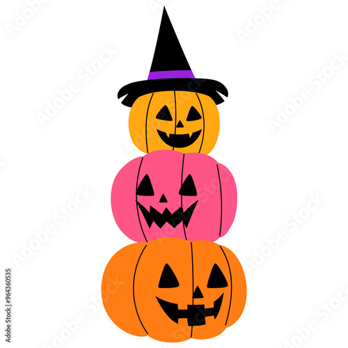 stack of vibrant halloween pumpkin orange , pink and yellow with black hat on top illustration