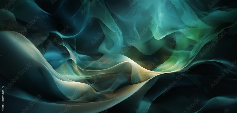 a digital art piece featuring abstract, swirling patterns in shades of blue, green, and black, creating a sense of movement and depth.