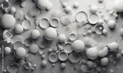 a a white, abstract pattern composed of numerous white spheres and circles scattered across a gray background.