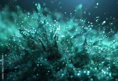 a close-up view of a dense, textured surface with a vibrant green hue, resembling a dense forest or a cluster of plants. The surface appears to be wet, with water droplets or