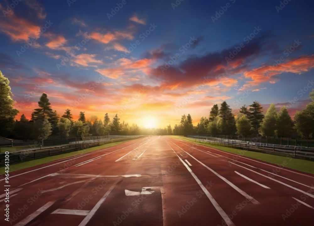 Fototapeta premium A long, straight running track stretches out into the distance, flanked by a line of trees on either side. The track is bathed in the warm glow of a setting sun, casting long