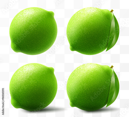 Green ripe raw lime isolated on transparent background. Whole lime fruit set, vibrant tropical plant, its textured shiny skin concealing zesty citric pulp within. Realistic 3d vector illustration.