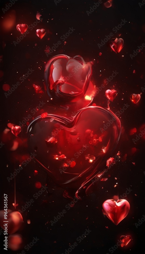 digital art piece with a dark background, a large red heart in the center, and smaller red hearts floating around it. digital art piece with a dark background, a large red heart in the center, and smaller red hearts floating around it.