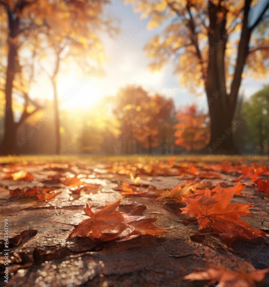 A serene autumn scene unfolds in a park, with a carpet of fallen orange and yellow leaves covering the ground, and the sun's rays filtering through the trees, casting a warm glow on the scene. A serene autumn scene unfolds in a park, with a carpet of fallen orange and yellow leaves covering the ground, and the sun's rays filtering through the trees, casting a warm glow on the scene.
