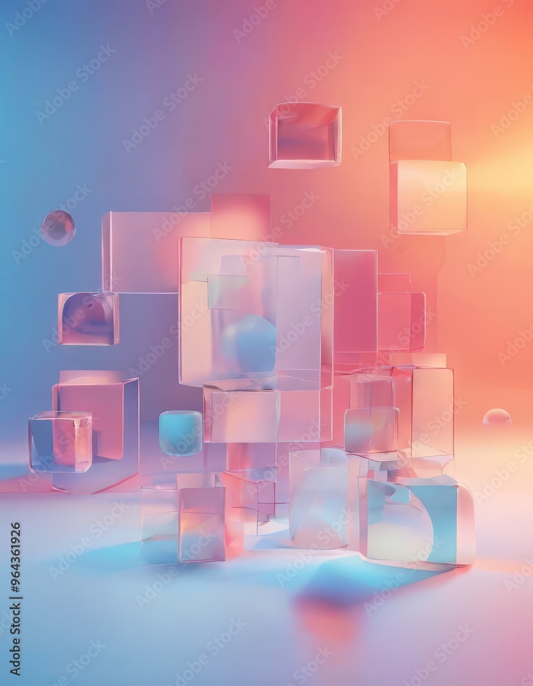 collection of transparent cubes and spheres in various colors, including pink, blue, and orange, arranged in a visually striking composition against a gradient background. collection of transparent cubes and spheres in various colors, including pink, blue, and orange, arranged in a visually striking composition against a gradient background.