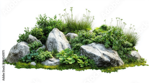 Natural landscape with rock and greenery in the garden isolated on white background for graphic design.