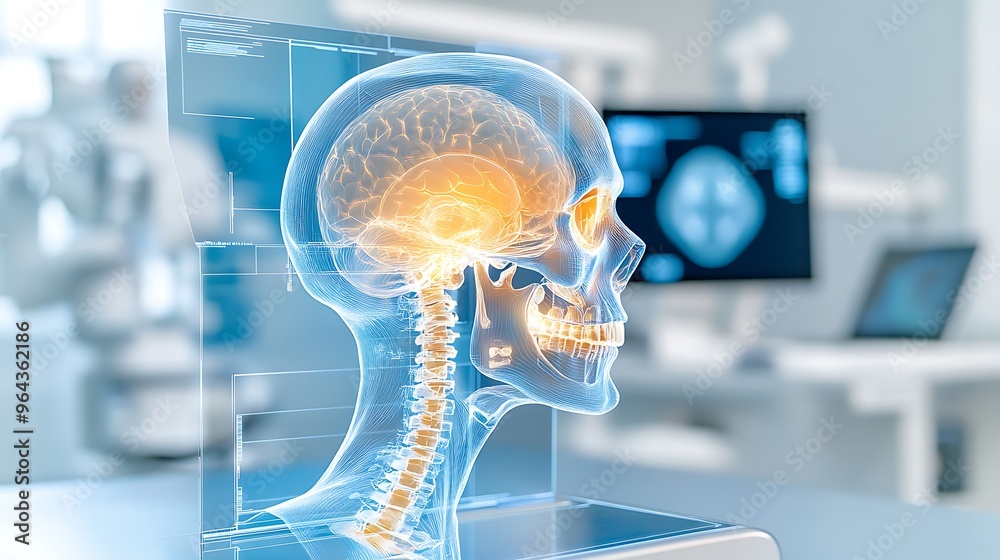 A human skeleton with a translucent blue appearance in a high-tech ...