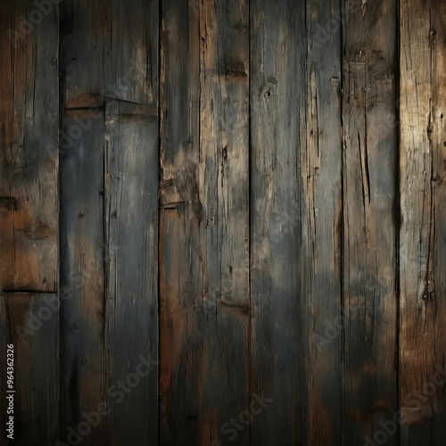 a close-up view of a weathered wooden surface, with visible cracks, knots, and stains. The dark, aged appearance suggests the passage of time and the natural elements that have shaped the wood.