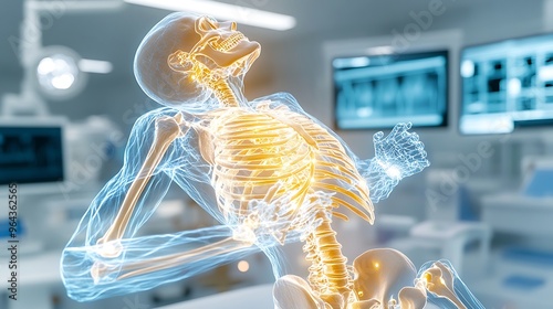 A human skeleton with a translucent blue color in a high-tech medical room, with the pelvis highlighted in glowing yellow light, clearly showing its anatomical structure. 