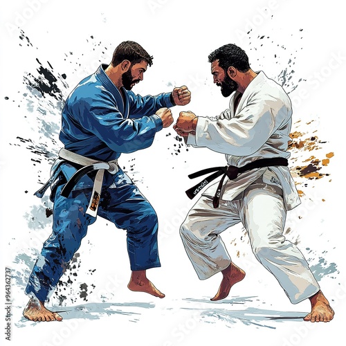 on a white background, comics style, a young brazilian jiu jitsu fighter with a blue belt facing a powerful black belt man