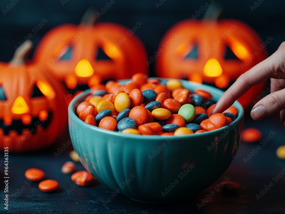 A traditional Halloween candy bowl with a hand reaching in, glowing jack-o'-lanterns in the background, eerie yet playful vibe, candy-centered focus A traditional Halloween candy bowl with a hand reaching in, glowing jack-o'-lanterns in the background, eerie yet playful vibe, candy-centered focus