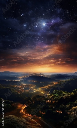 A breathtaking night sky filled with twinkling stars and a vibrant sunset over a mountainous landscape, with a winding road and distant lights visible in the foreground.