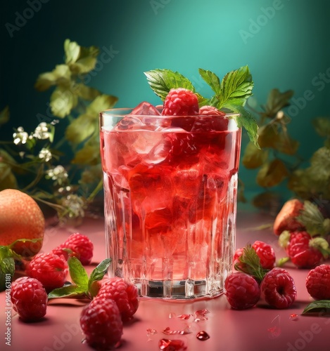 A glass of raspberry-colored drink garnished with fresh raspberries and mint leaves, set against a green background with additional raspberries and a small orange.