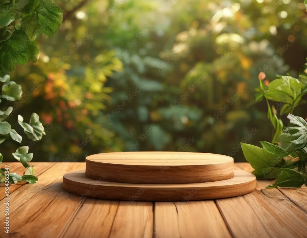 A wooden platform with a round top sits on a wooden table, surrounded by lush greenery and blurred foliage, creating a serene and natural setting. A wooden platform with a round top sits on a wooden table, surrounded by lush greenery and blurred foliage, creating a serene and natural setting.