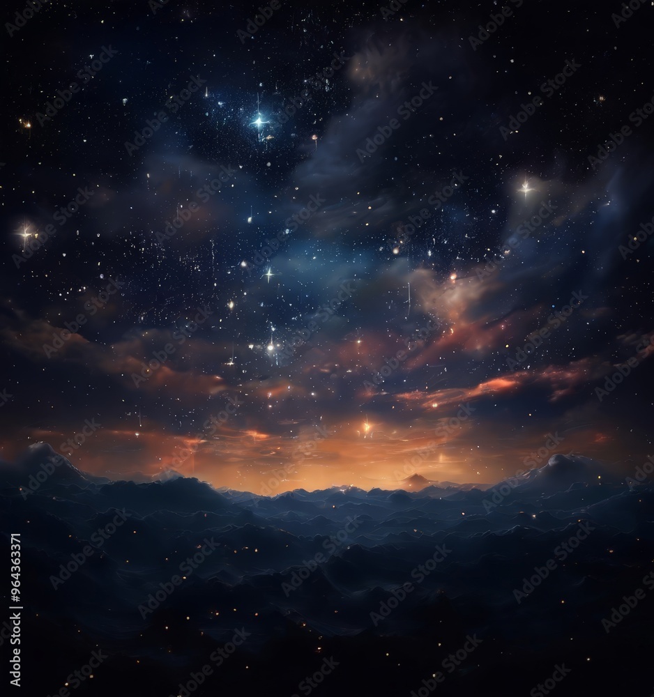 A breathtaking night sky filled with twinkling stars and a vibrant orange sunset, with a mountainous landscape in the distance. A breathtaking night sky filled with twinkling stars and a vibrant orange sunset, with a mountainous landscape in the distance.