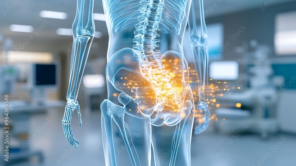 A human skeleton with a translucent blue appearance in a high-tech ...