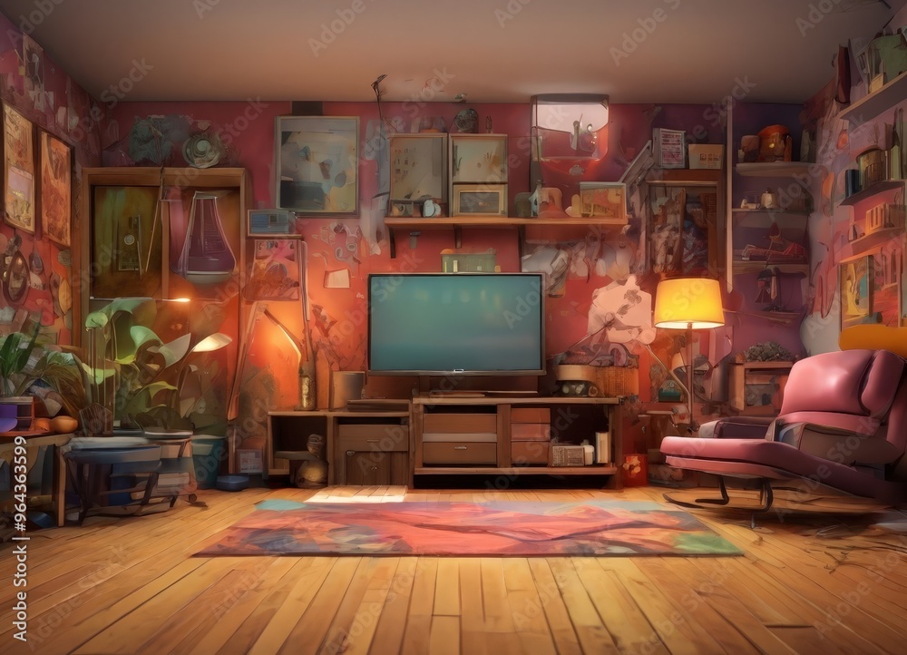 a cozy living room with a large flat-screen TV on a wooden stand, surrounded by various objects and furniture, including a pink armchair, a wooden coffee table, and a colorful rug. a cozy living room with a large flat-screen TV on a wooden stand, surrounded by various objects and furniture, including a pink armchair, a wooden coffee table, and a colorful rug.