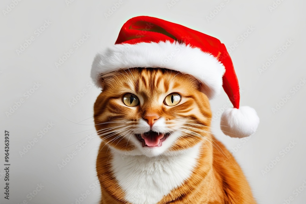 Happy Ginger Cat Wearing Santa Hat on White Background Happy Ginger Cat Wearing Santa Hat on White Background